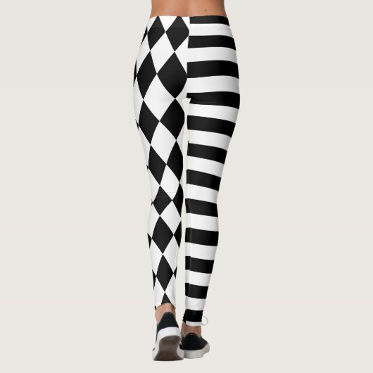 Zwarte en witte Harlequin Striped en Jester Leggings (Achterkant)