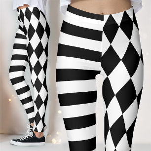 Zwarte en witte Harlequin Striped en Jester Leggings