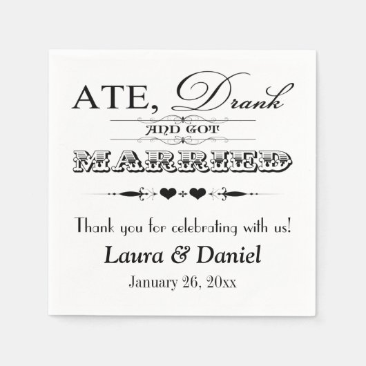 Zwarte en witte harten, rollen bruiloft servetten (Voorkant)