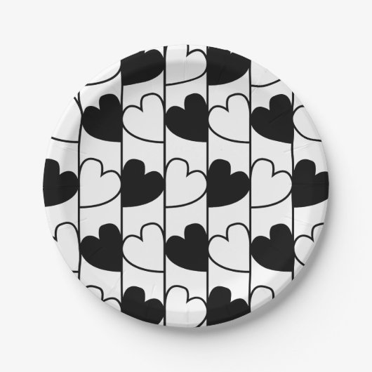 Zwarte en witte hartenstrepen papieren bordje (Voorkant)