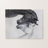 Zwarte en witte hengst paardenkunst legpuzzel (Horizontaal)