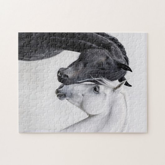 Zwarte en witte hengst paardenkunst legpuzzel (Horizontaal)