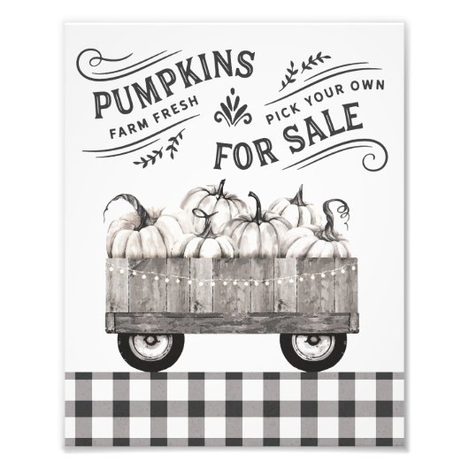 Zwarte en witte Herfst Farmhouse Pumpkins Wall Art Foto Afdruk (Voorkant)
