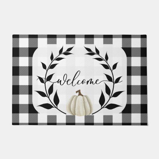 Zwarte en witte Herfst Welkom Mat Autumn Pumpkin (Voorkant)