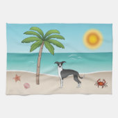 Zwarte en witte hond bij het strand van de Tropisc Theedoek (Horizontaal)