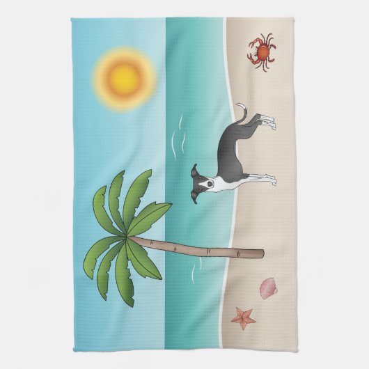 Zwarte en witte hond bij het strand van de Tropisc Theedoek (Verticaal)