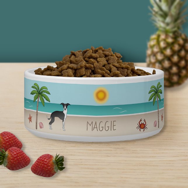 Zwarte en witte hond bij het strand van de Tropisc Voerbakje (Creator heeft geüpload)