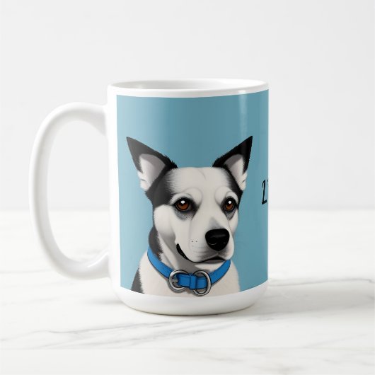 Zwarte en witte hond met blauwe halsband koffiemok (Links)