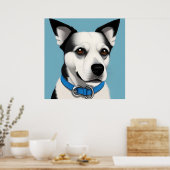 Zwarte en witte hond met blauwe halsband poster (Keuken)