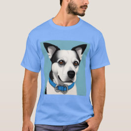 Zwarte en witte hond met blauwe halsband t-shirt