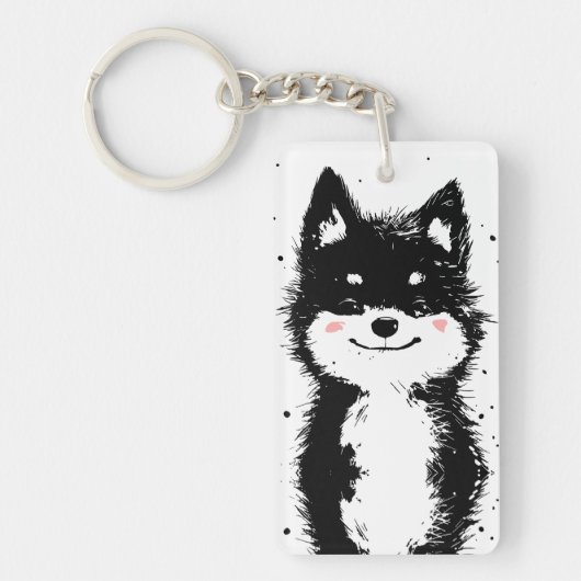 Zwarte en Witte Hond met Glimlach Sleutelhanger (Voorkant)