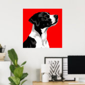 Zwarte en witte hond op gedurfde rode achtergrond poster (Thuiskantoor)