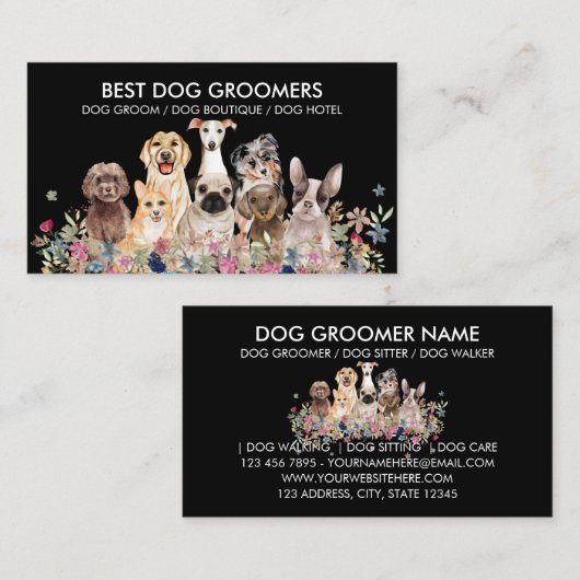 Zwarte en witte honden Bloemen Visitekaartje (Voorkant / Achterkant)