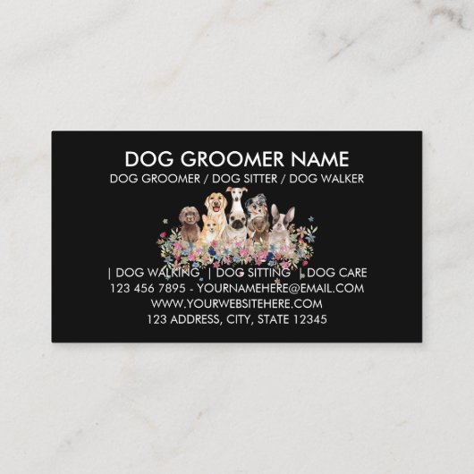 Zwarte en witte honden Bloemen Visitekaartje (Achterkant)