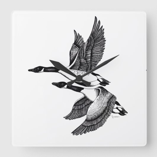 Zwarte en witte illustratie van Canada Geese Vierkante Klok (Voorkant)