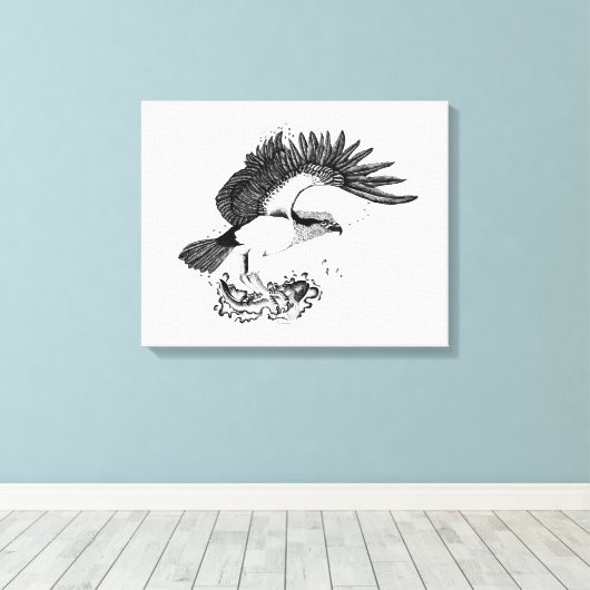 Zwarte en witte illustratie van Osprey Canvas Afdruk (Insitu (Houten vloer))