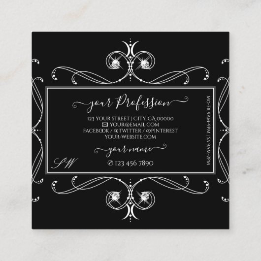 Zwarte en witte Initialen Ornamenten Vierkante Visitekaartje (Achterkant)