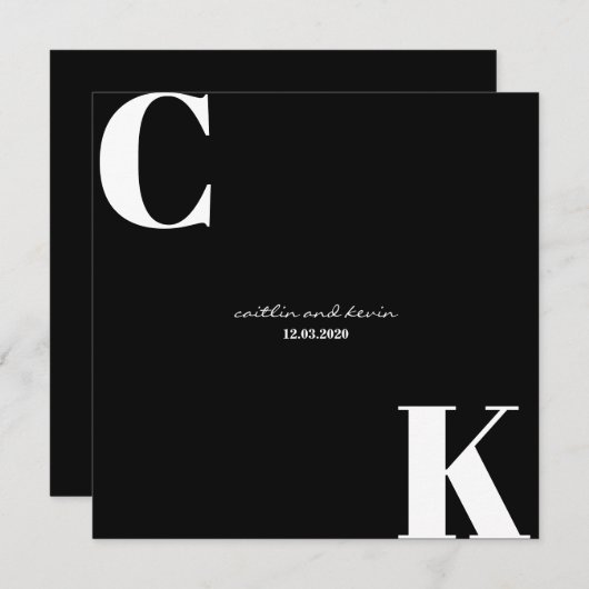 Zwarte en Witte Initialen Sla de datum op Kaart (Voorkant / Achterkant)