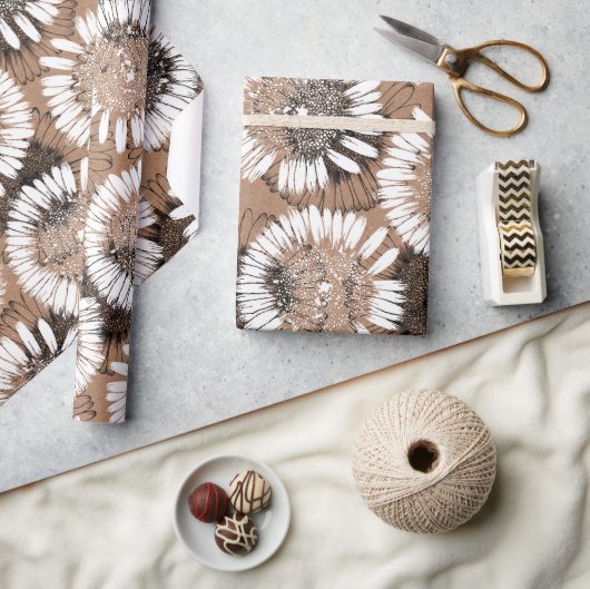 Zwarte en witte inkt Daisy Kraft Paper Artistic Cadeaupapier (Crafts)