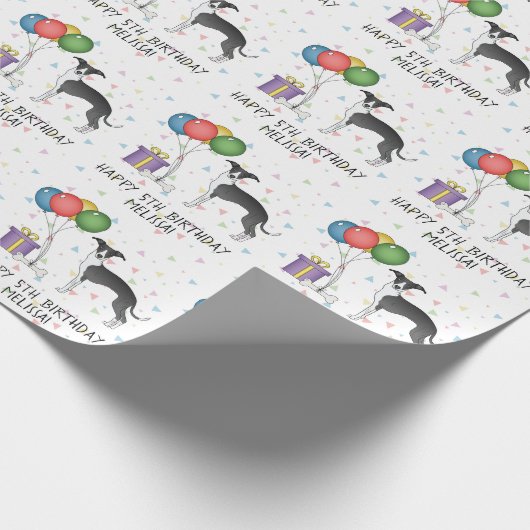 Zwarte en witte Italiaanse grijnshond - Happy Birt Cadeaupapier (Hoek)