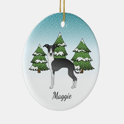 Zwarte en witte Italiaanse windhond in het winterb Keramisch Ornament (Rechts)