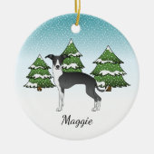 Zwarte en witte Italiaanse windhond in het winterb Keramisch Ornament (Voorkant)