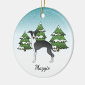 Zwarte en witte Italiaanse windhond in het winterb Keramisch Ornament (Links)