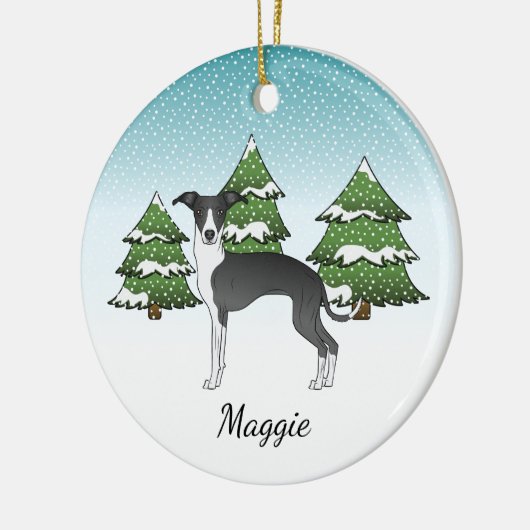 Zwarte en witte Italiaanse windhond in het winterb Keramisch Ornament (Links)