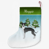 Zwarte en witte Italiaanse windhond in het winterb Kleine Kerstsok (Achterkant)