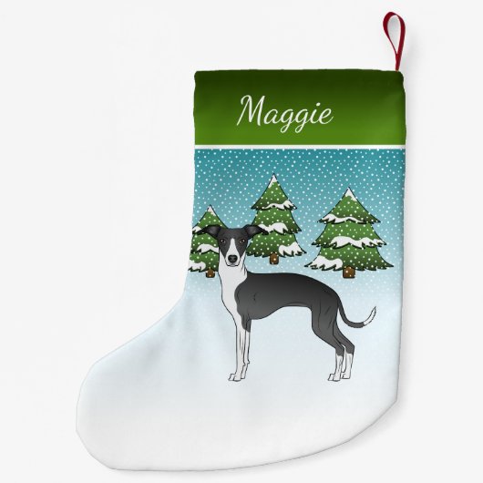 Zwarte en witte Italiaanse windhond in het winterb Kleine Kerstsok (Achterkant)