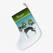 Zwarte en witte Italiaanse windhond in het winterb Kleine Kerstsok (Achterkant (Hangend))