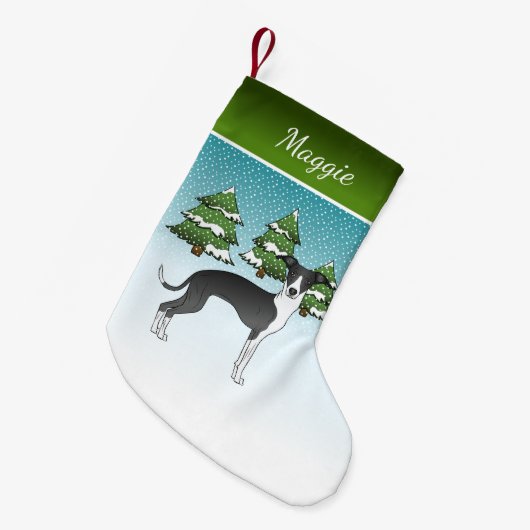 Zwarte en witte Italiaanse windhond in het winterb Kleine Kerstsok (Voorkant (Hangend))