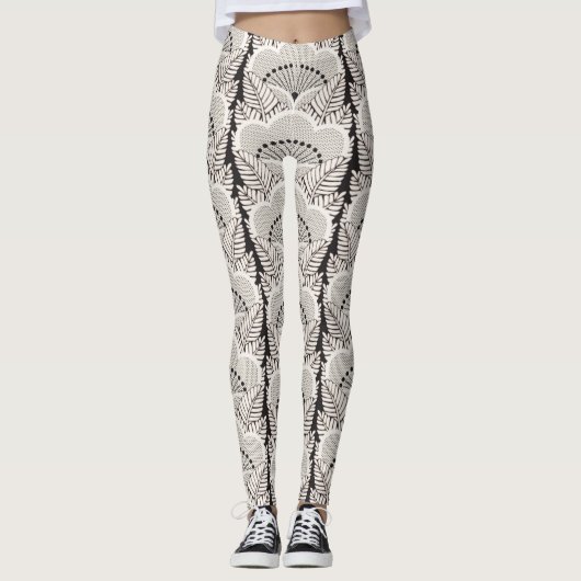 Zwarte en witte Japanse Floral Kimono Pattern Leggings (Voorkant)