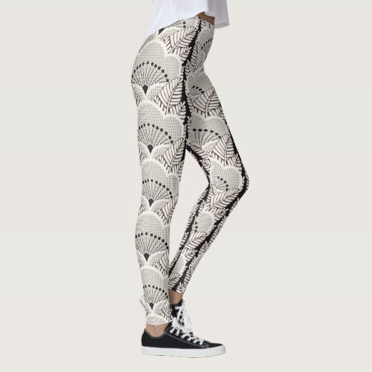 Zwarte en witte Japanse Floral Kimono Pattern Leggings (Rechts)