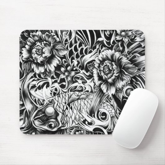 Zwarte en witte Japanse Koi tattoo kunst. Muismat (Met muis)