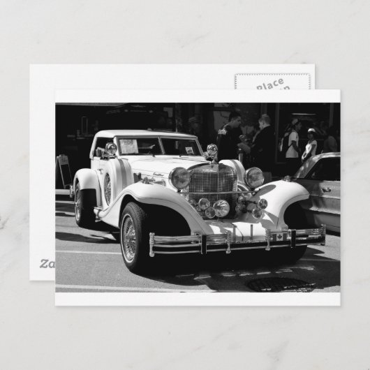 Zwarte en witte kaart van de retrocar Excalibur (Voorkant / Achterkant)