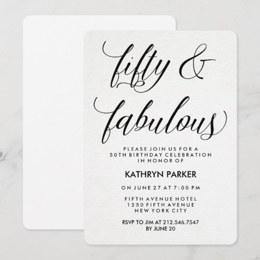 Zwarte en witte kalligrafie 50th Birthday Party Kaart (Voorkant / Achterkant)