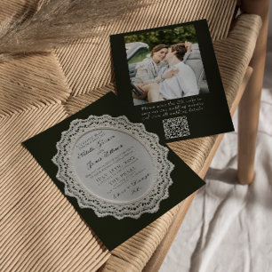 Zwarte en Witte Kant QR Code Foto Bruiloft Vintage Kaart