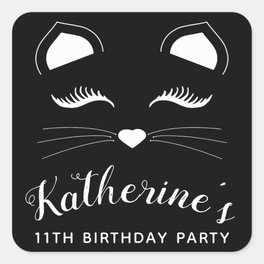 Zwarte en Witte Kat Birthday Party Vierkante Sticker (Voorkant)