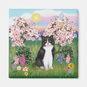 Zwarte en witte kat - bloesems magneet