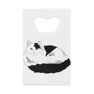 Zwarte en witte kat creditkaart flessenopener