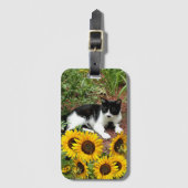 Zwarte en Witte Kat Foto met zonnebloemen Bagagelabel (Voorkant (verticaal))