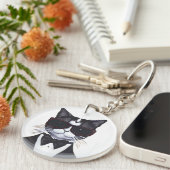 Zwarte en witte kat in een Stropdas van Tuxedo en  Sleutelhanger (Voorkant Rechts)