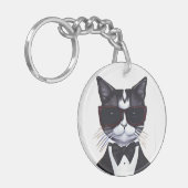 Zwarte en witte kat in een Stropdas van Tuxedo en  Sleutelhanger (Voorkant Links)