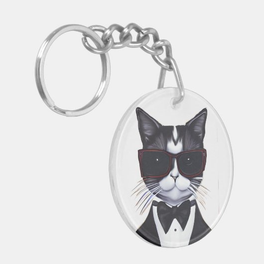 Zwarte en witte kat in een Stropdas van Tuxedo en Sleutelhanger (Voorkant Links)