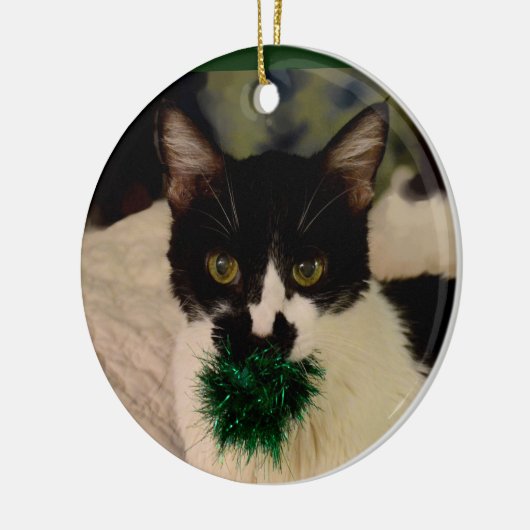 Zwarte en witte kat keramisch ornament (Links)