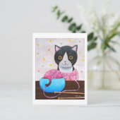 Zwarte en Witte Kat met breinaalden en garen Briefkaart (Staand voorkant)
