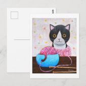 Zwarte en Witte Kat met breinaalden en garen Briefkaart (Voorkant / Achterkant)