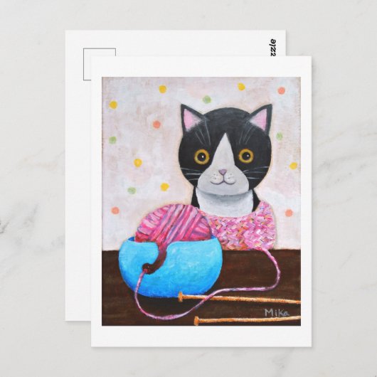 Zwarte en Witte Kat met breinaalden en garen Briefkaart (Voorkant / Achterkant)