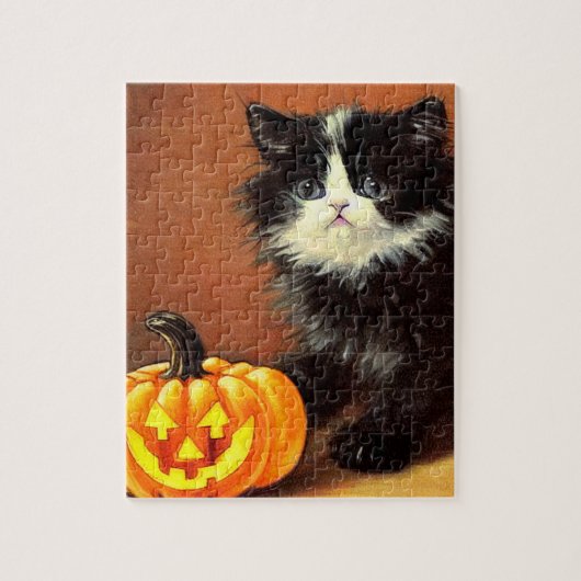 Zwarte en witte kat met Halloween-thema Legpuzzel (Verticaal)